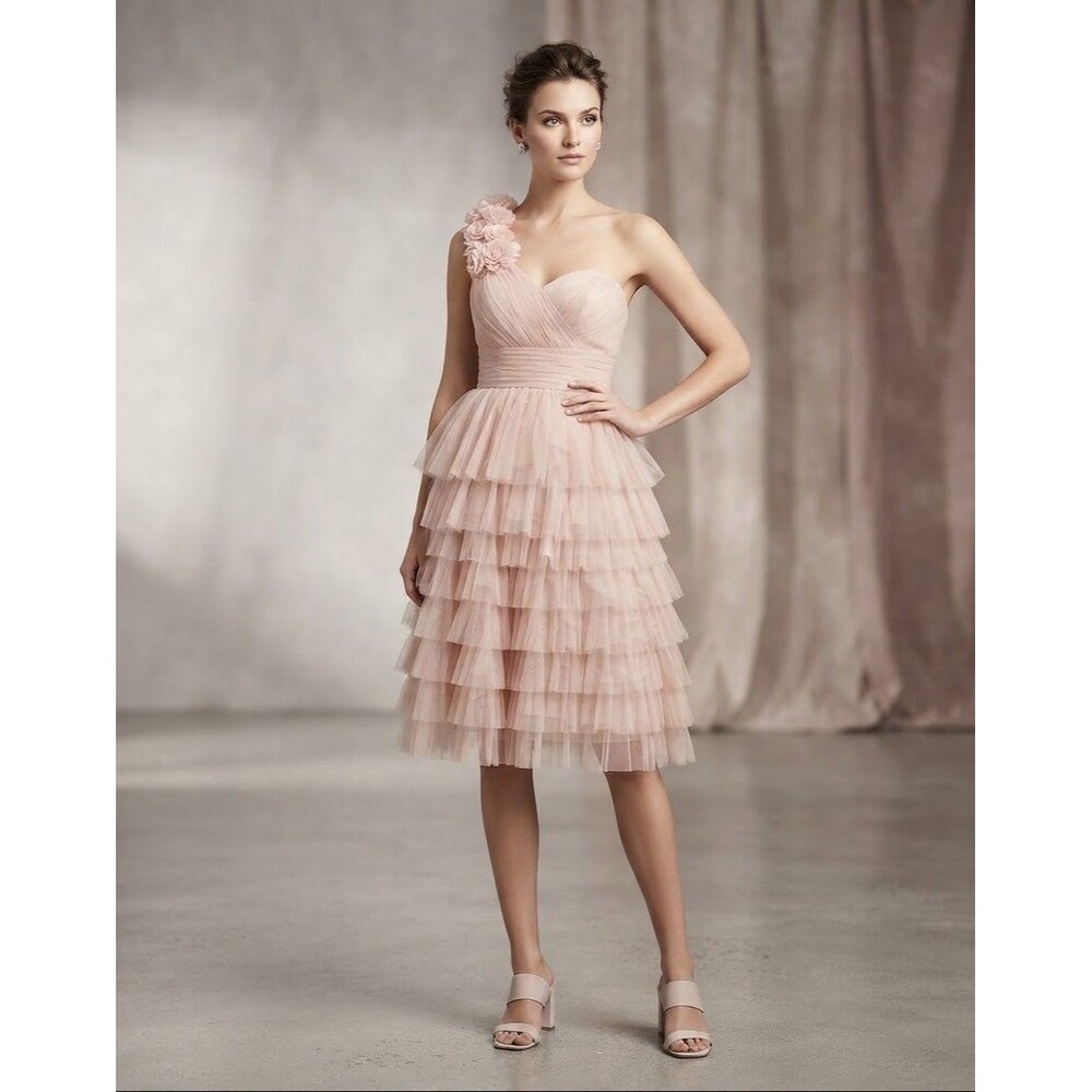 H&M Blush Pink One-Shoulder Ruffled Tulle Dress with Floral Accent Size small